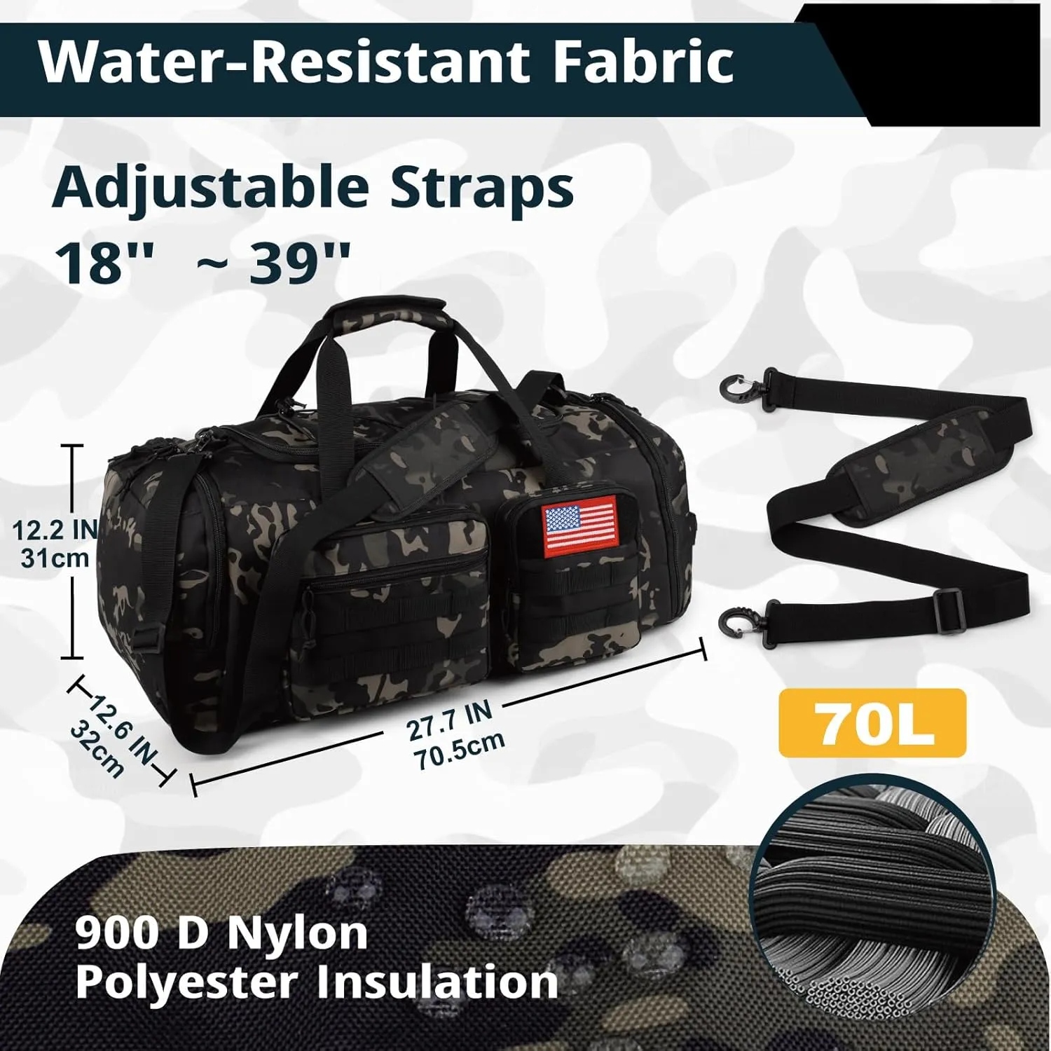 Tactical Gym Bag for Men70L Large 3 in 1 Sports Duffle Bag with Shoes Compartment for Travel,Water Resistant Travel Backpack Weekender Overnight Bag with Wet Pocket for Women