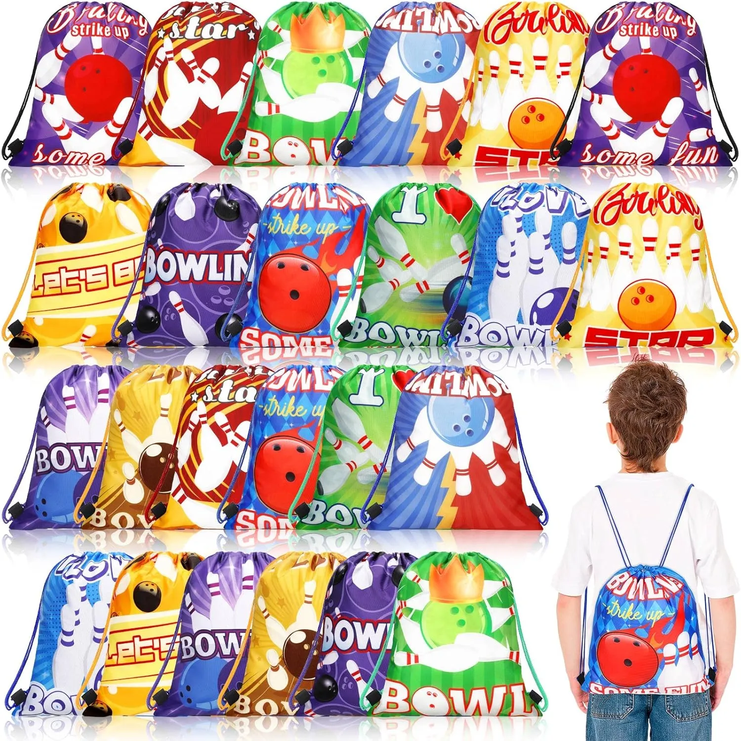 Talltalk 24 Pcs Bowling Party Drawstring Backpack Bowling Ball Bag Cute Colorful Sport Gym Drawstring Yoga Bag for Men Women Boys Girls Kids