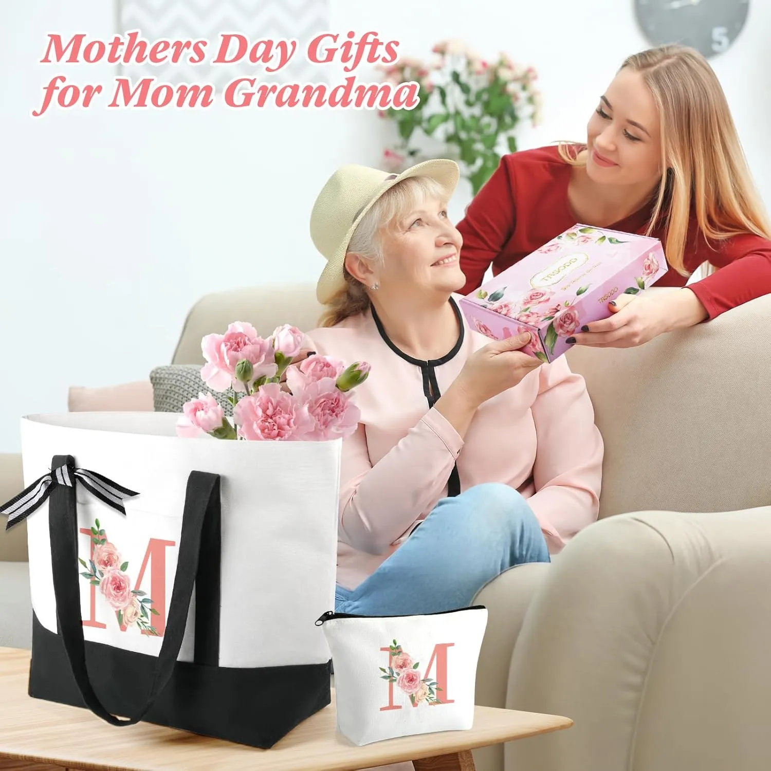 TRSODD Mothers Day Gifts for Mom Large Tote Bag and Makeup Bag Birthday Gifts for Women Wife Grandma Daughter Sister Friends Bridesmaid C