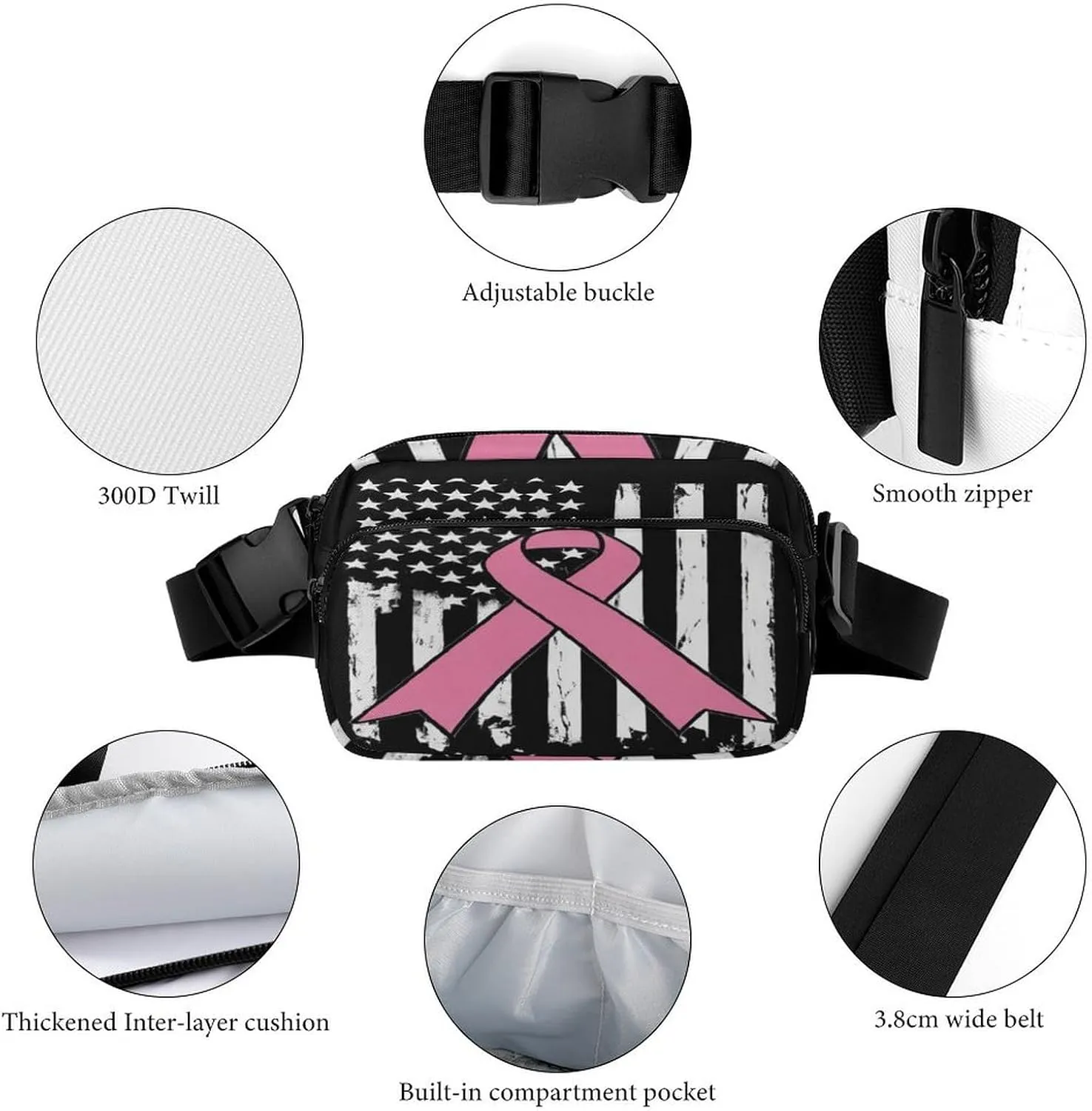 Unique Printed Waist Bag for Adult, Waterproof Breast Cancer Awareness Pink Ribbon American Flag Large Bumbag for Hiking Running Travel Shopping
