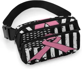 Unique Printed Waist Bag for Adult, Waterproof Breast Cancer Awareness Pink Ribbon American Flag Large Bumbag for Hiking Running Travel Shopping