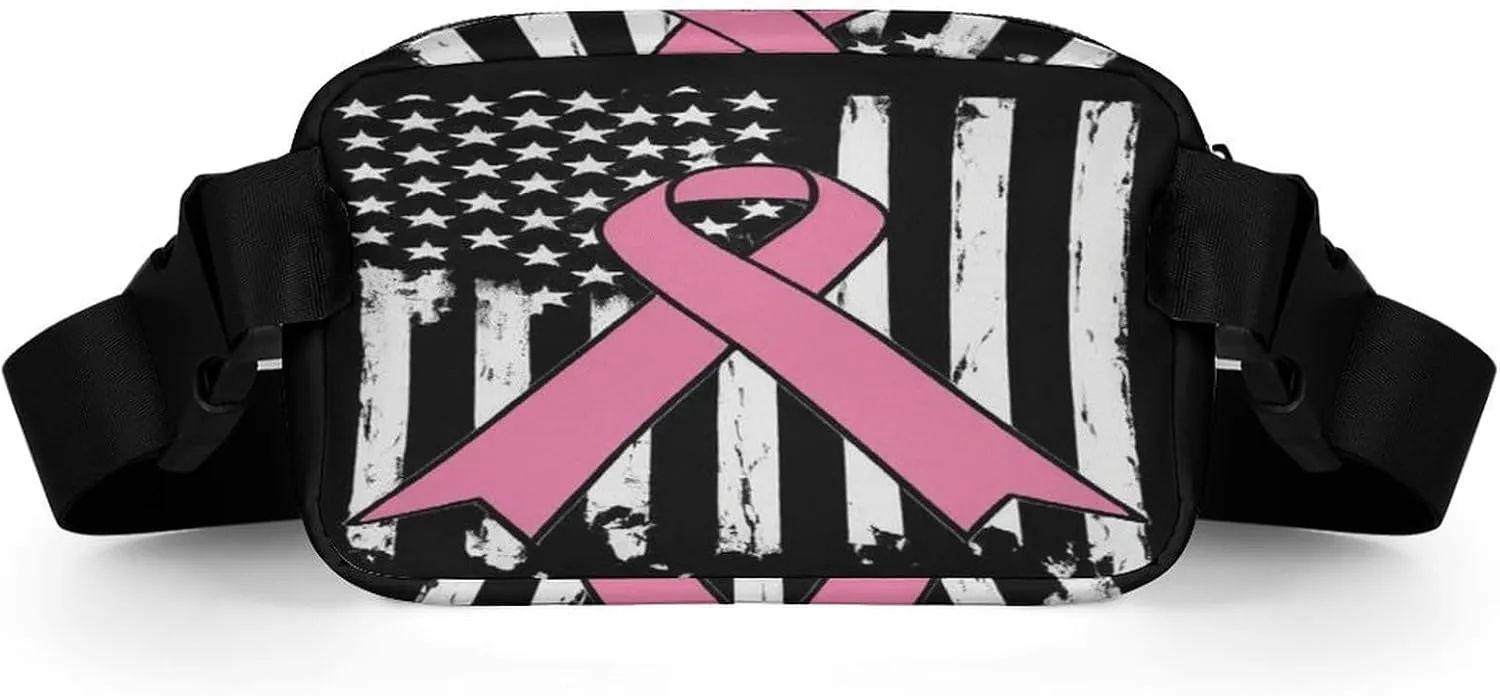 Unique Printed Waist Bag for Adult, Waterproof Breast Cancer Awareness Pink Ribbon American Flag Large Bumbag for Hiking Running Travel Shopping