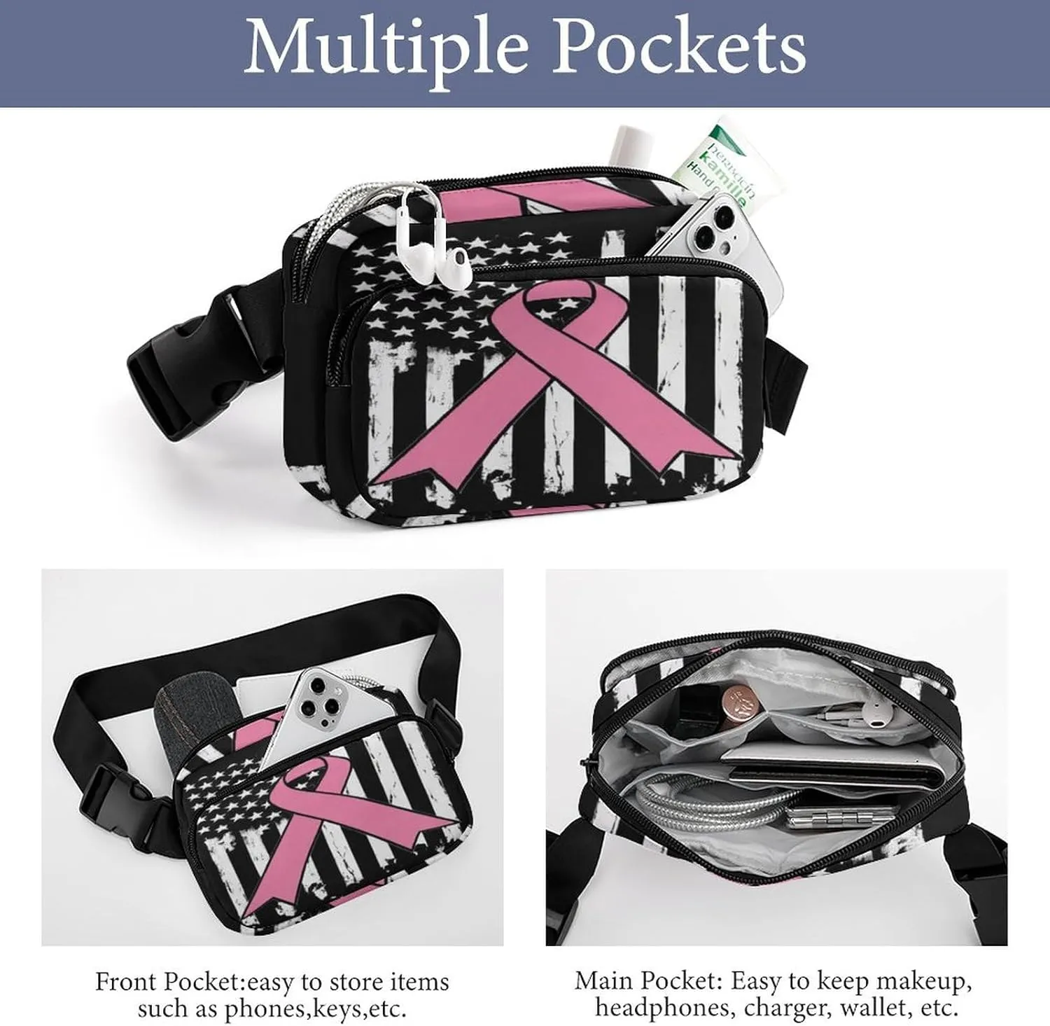 Unique Printed Waist Bag for Adult, Waterproof Breast Cancer Awareness Pink Ribbon American Flag Large Bumbag for Hiking Running Travel Shopping