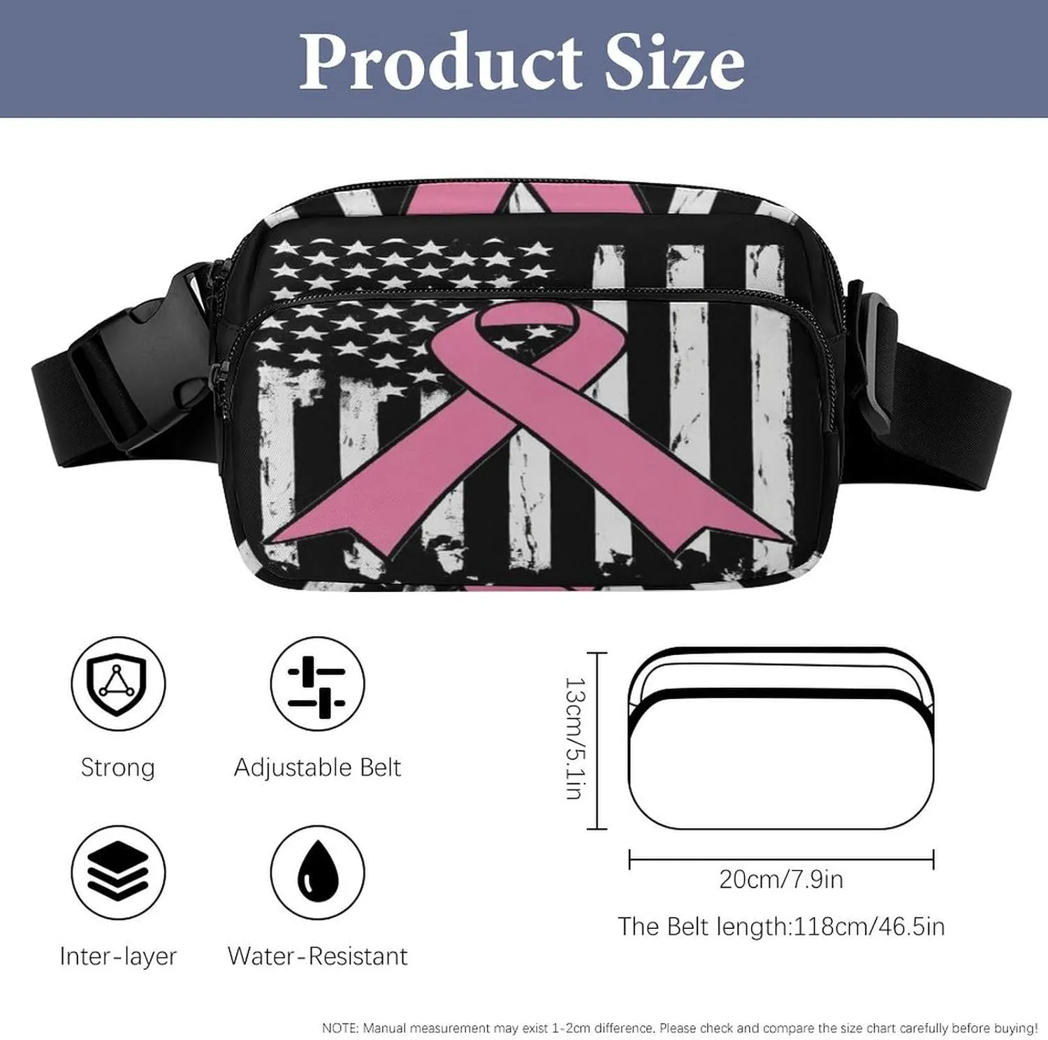 Unique Printed Waist Bag for Adult, Waterproof Breast Cancer Awareness Pink Ribbon American Flag Large Bumbag for Hiking Running Travel Shopping
