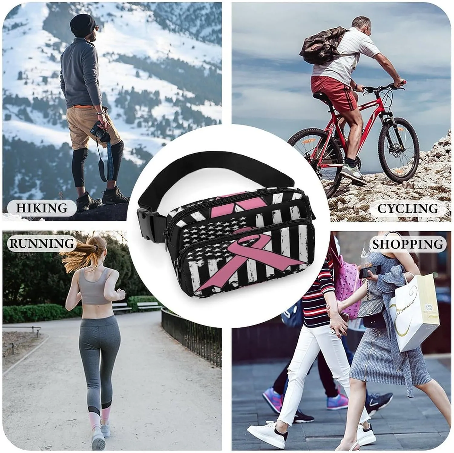 Unique Printed Waist Bag for Adult, Waterproof Breast Cancer Awareness Pink Ribbon American Flag Large Bumbag for Hiking Running Travel Shopping