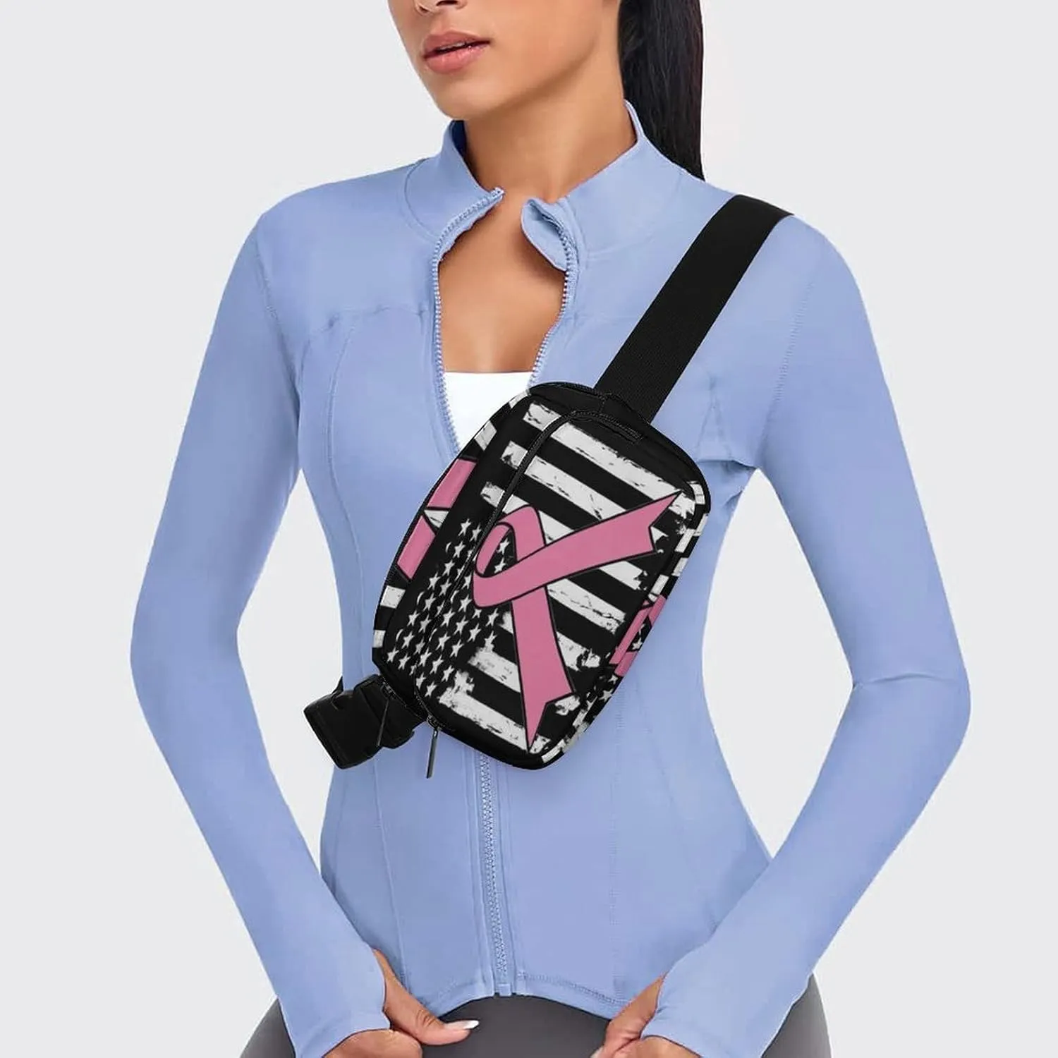 Unique Printed Waist Bag for Adult, Waterproof Breast Cancer Awareness Pink Ribbon American Flag Large Bumbag for Hiking Running Travel Shopping