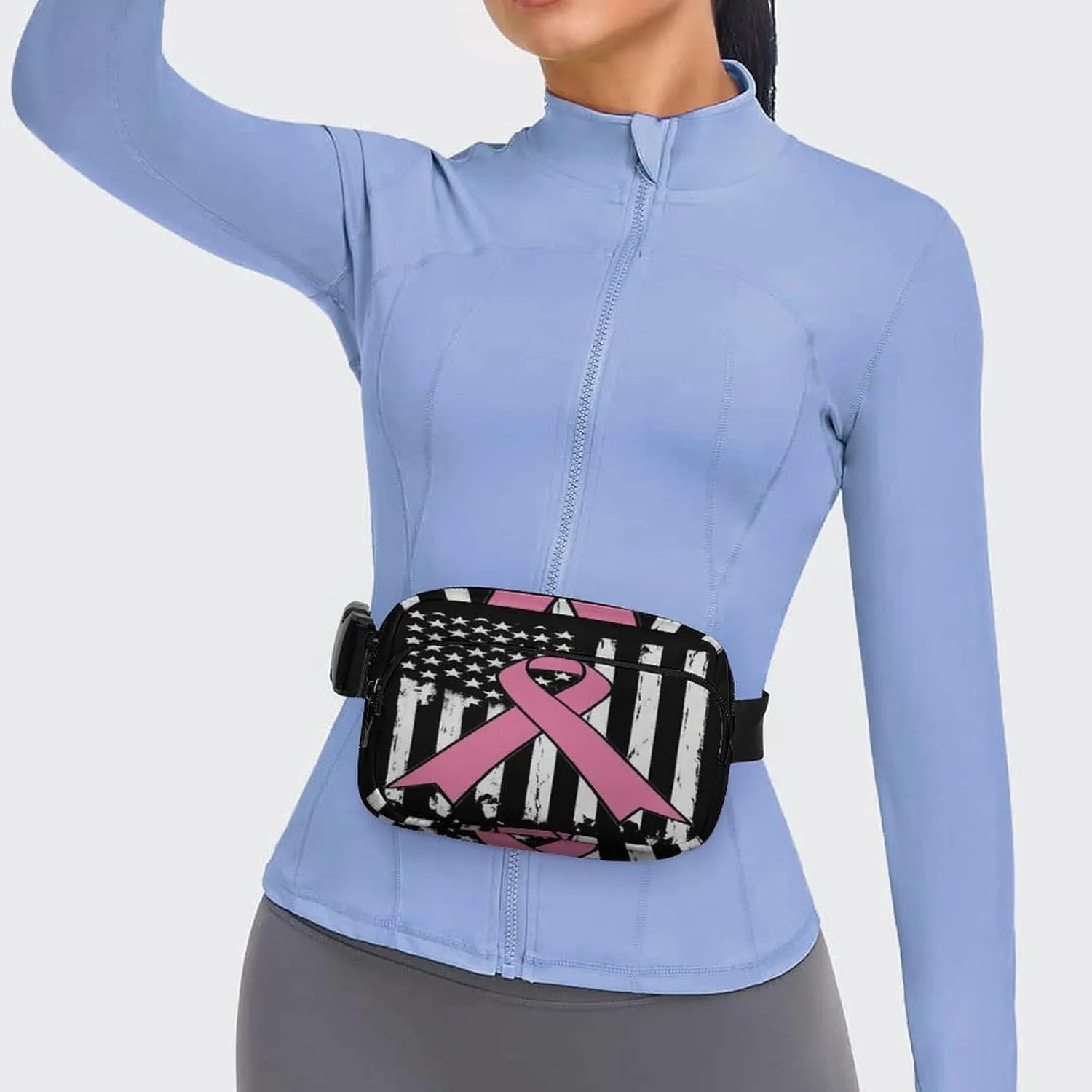 Unique Printed Waist Bag for Adult, Waterproof Breast Cancer Awareness Pink Ribbon American Flag Large Bumbag for Hiking Running Travel Shopping