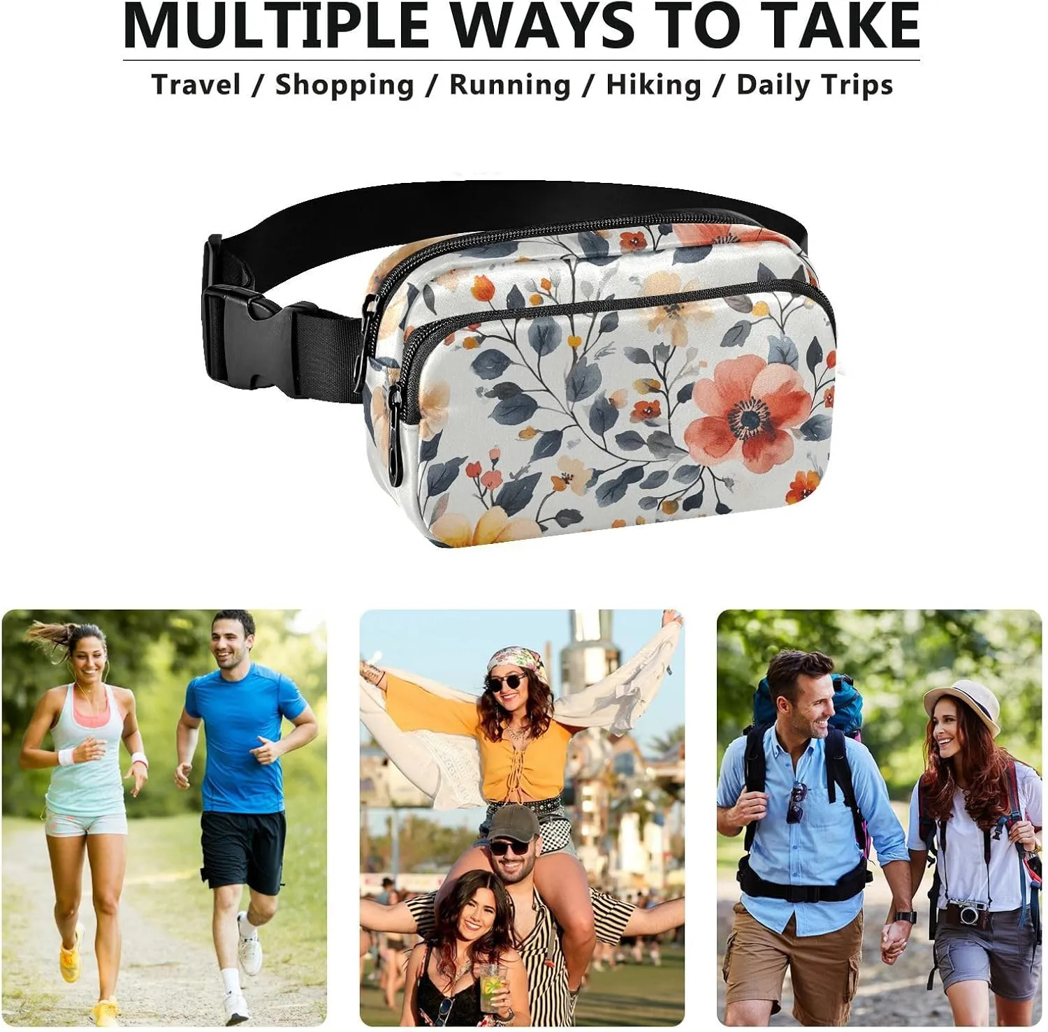 Waist Pack Crossbody Passport Bag, Autumn Flowers Peonies Orchid Oberonia Gray, Women Men Waterproof Sling Chest Bags with Adjustable Strap Fanny Packs for Workout Running Hiking