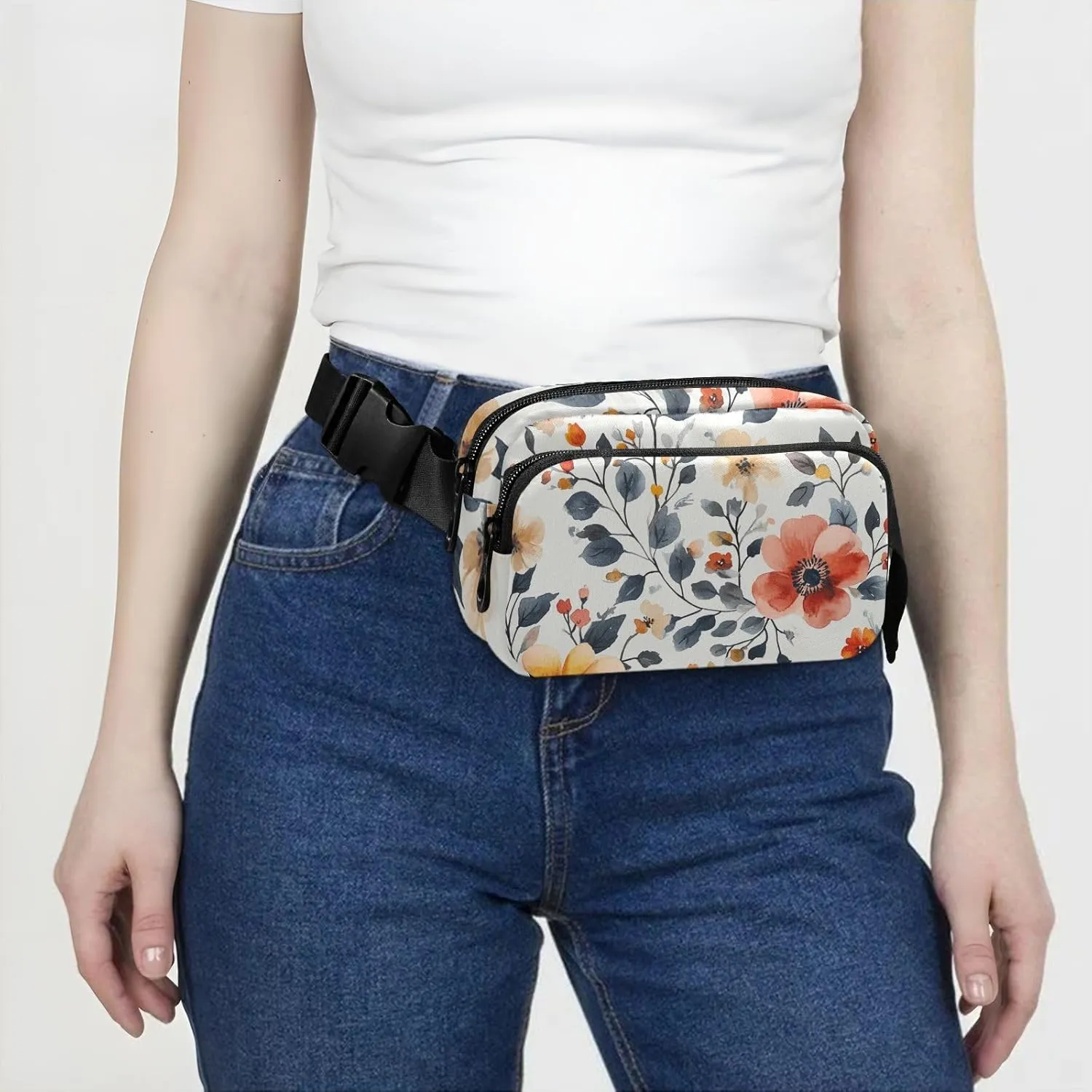 Waist Pack Crossbody Passport Bag, Autumn Flowers Peonies Orchid Oberonia Gray, Women Men Waterproof Sling Chest Bags with Adjustable Strap Fanny Packs for Workout Running Hiking