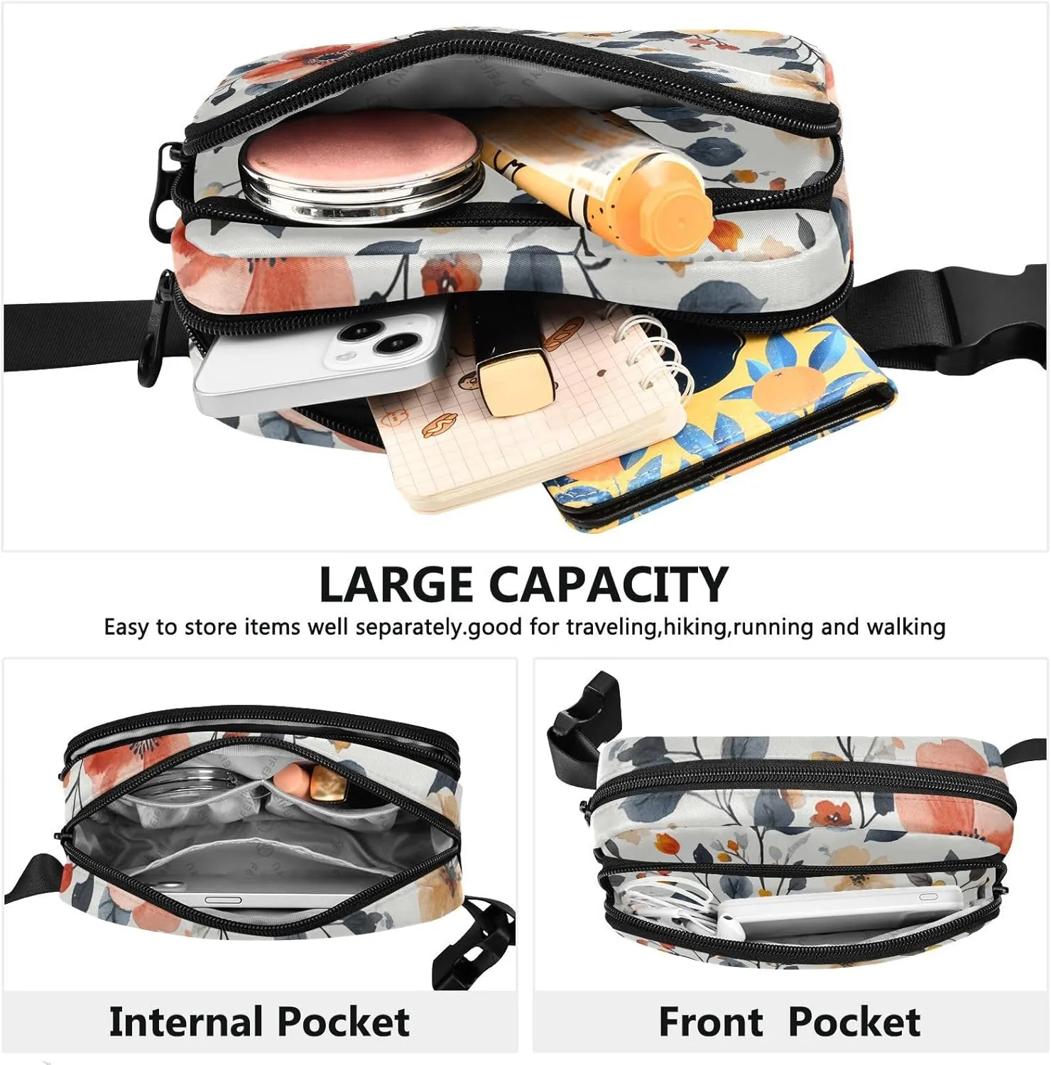 Waist Pack Crossbody Passport Bag, Autumn Flowers Peonies Orchid Oberonia Gray, Women Men Waterproof Sling Chest Bags with Adjustable Strap Fanny Packs for Workout Running Hiking