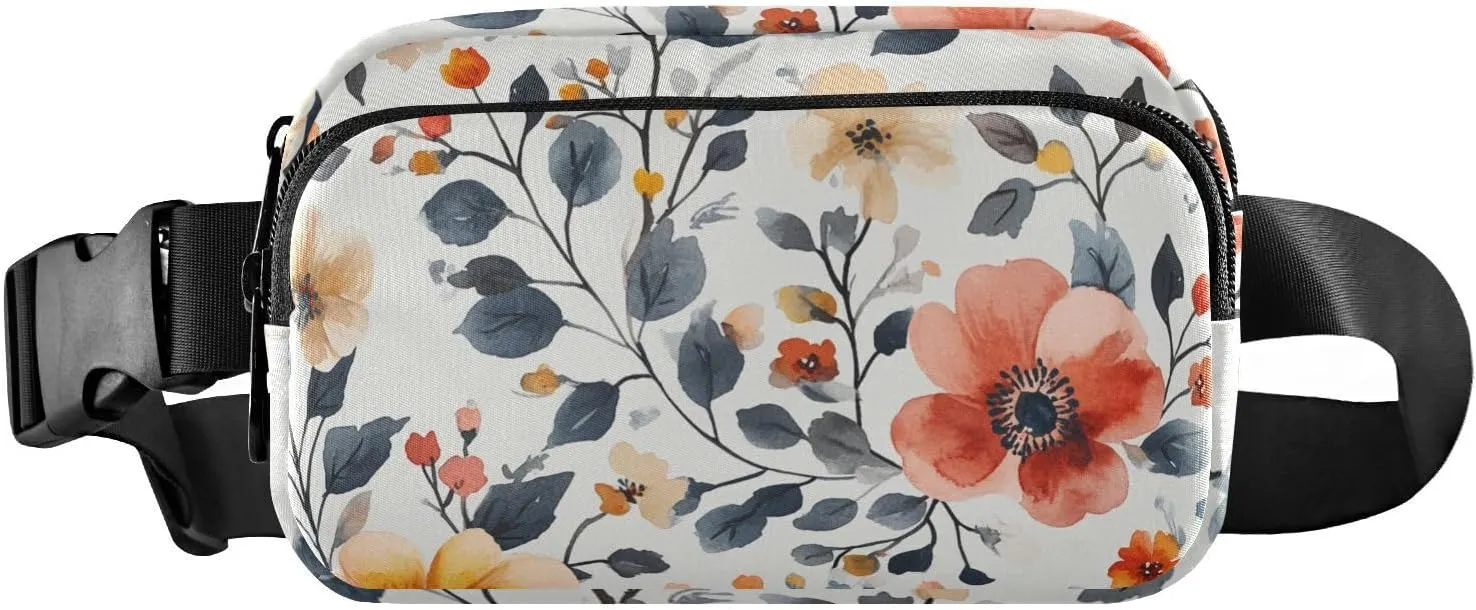 Waist Pack Crossbody Passport Bag, Autumn Flowers Peonies Orchid Oberonia Gray, Women Men Waterproof Sling Chest Bags with Adjustable Strap Fanny Packs for Workout Running Hiking