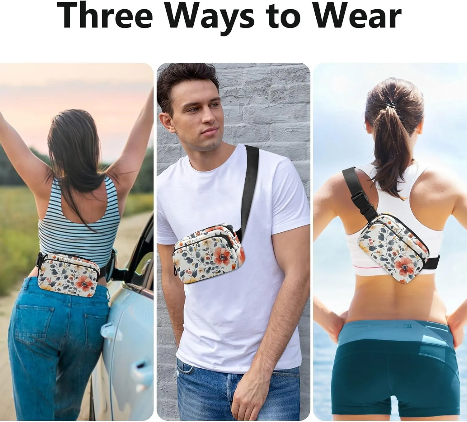 Waist Pack Crossbody Passport Bag, Autumn Flowers Peonies Orchid Oberonia Gray, Women Men Waterproof Sling Chest Bags with Adjustable Strap Fanny Packs for Workout Running Hiking
