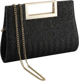WALLYN'S Clutch Purse for Women PU Leather/Straw Evening Party Metal Grip Cut it out Handbag with Shoulder Chain Strap