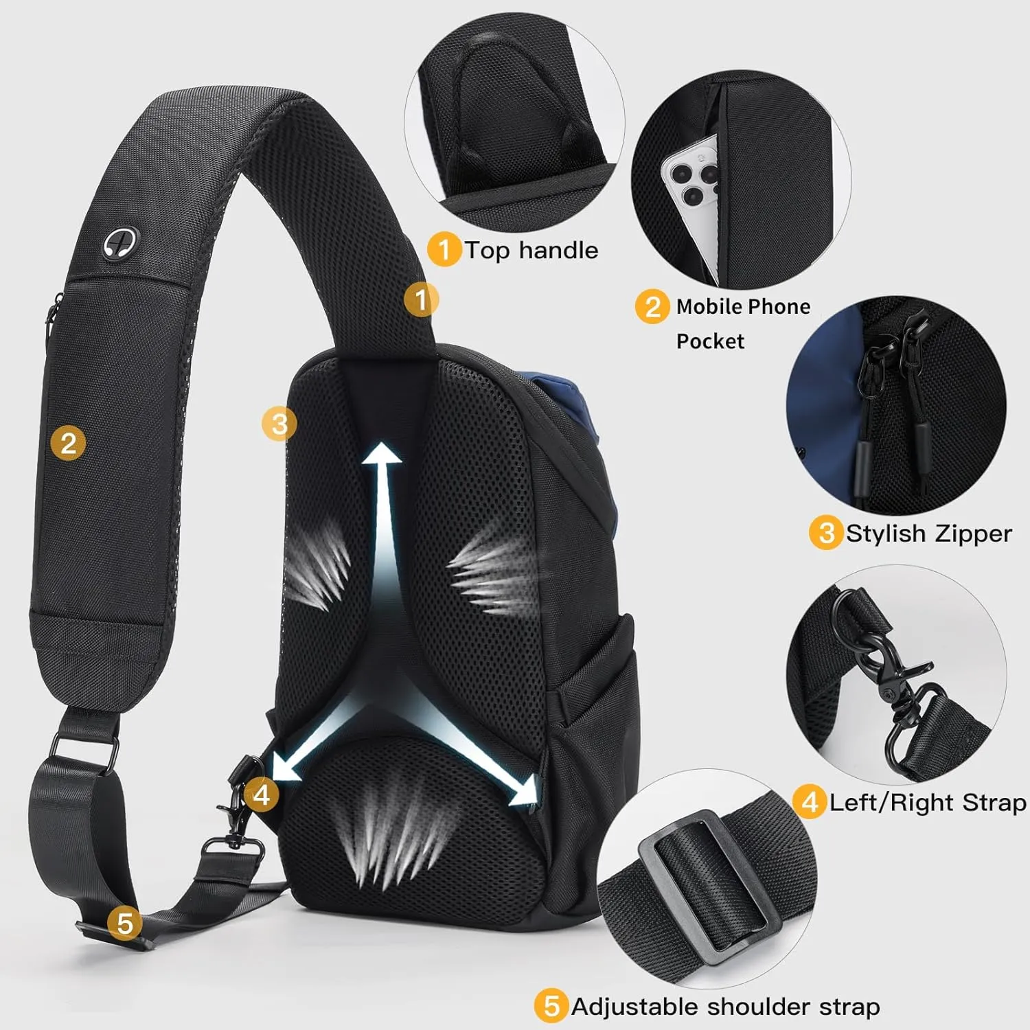 Waterproof Crossbody BagChest Bag for Mens Sling Backpack Large Travel Shoulder Bag with Chest Phone Holder