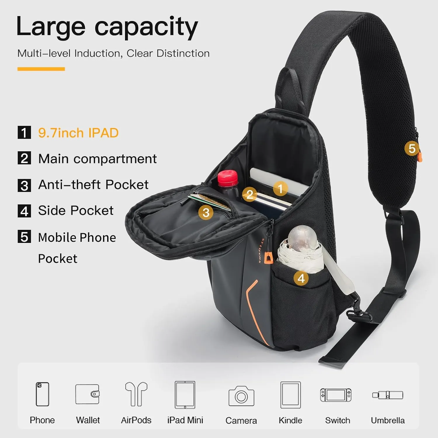 Waterproof Crossbody BagChest Bag for Mens Sling Backpack Large Travel Shoulder Bag with Chest Phone Holder