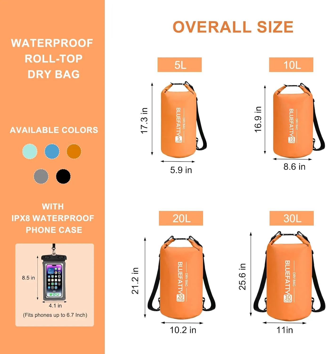 Waterproof Dry Bag Floating Roll Top Dry Backpack for Kayaking, Rafting, Boating, SUP, Fishing with IPX8 Waterproof Phone Case, Orange, 20L