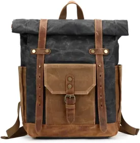 Waxed Canvas Leather Hiking Travel Waterproof Backpack for College Weekend Travel Fit 15in laptops (Classic Black)