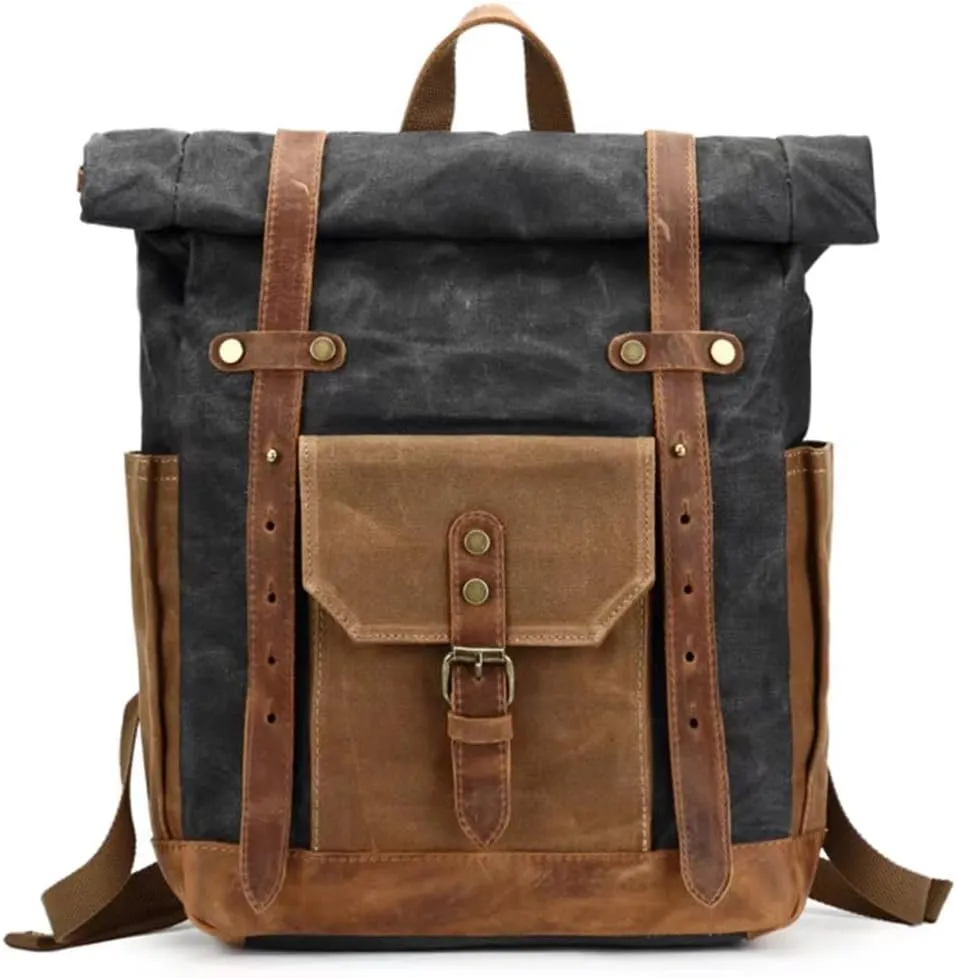 Waxed Canvas Leather Hiking Travel Waterproof Backpack for College Weekend Travel Fit 15in laptops (Classic Black)
