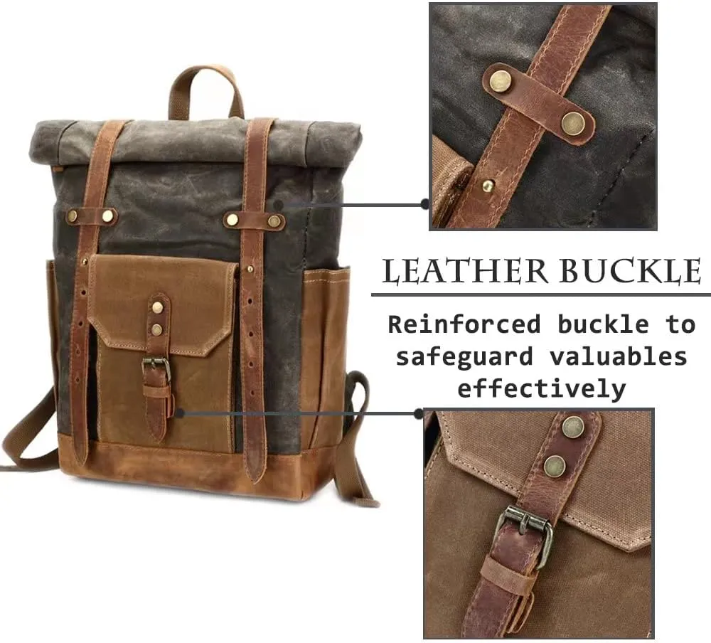 Waxed Canvas Leather Hiking Travel Waterproof Backpack for College Weekend Travel Fit 15in laptops (Classic Black)