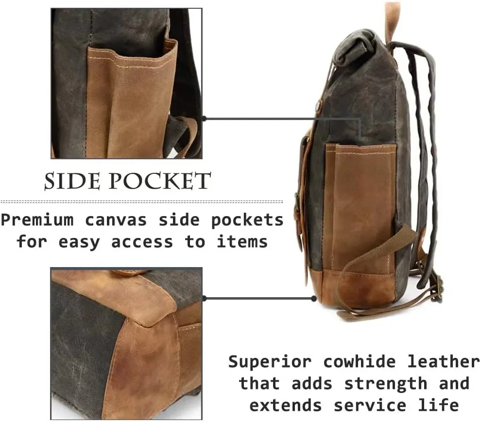 Waxed Canvas Leather Hiking Travel Waterproof Backpack for College Weekend Travel Fit 15in laptops (Classic Khaki)