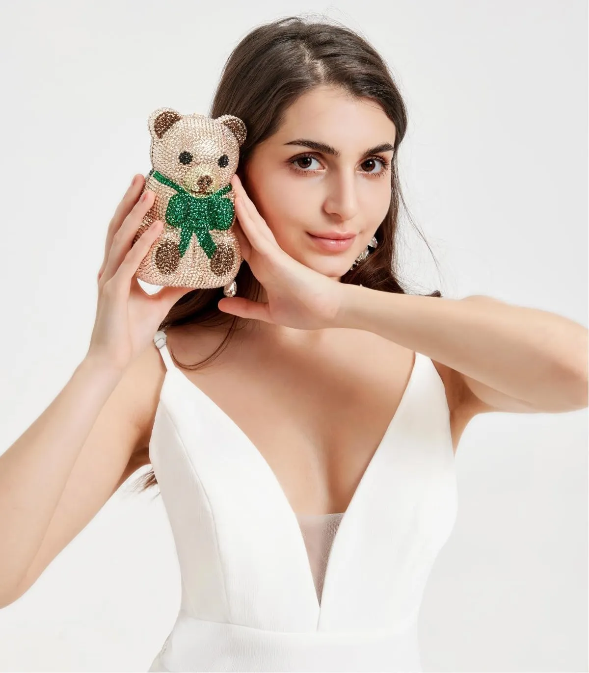 Women Cute Bear Evening Clutch Shiny Rhinestone Handbag Luxury Crystal Purse for Banquet Wedding Party Prom
